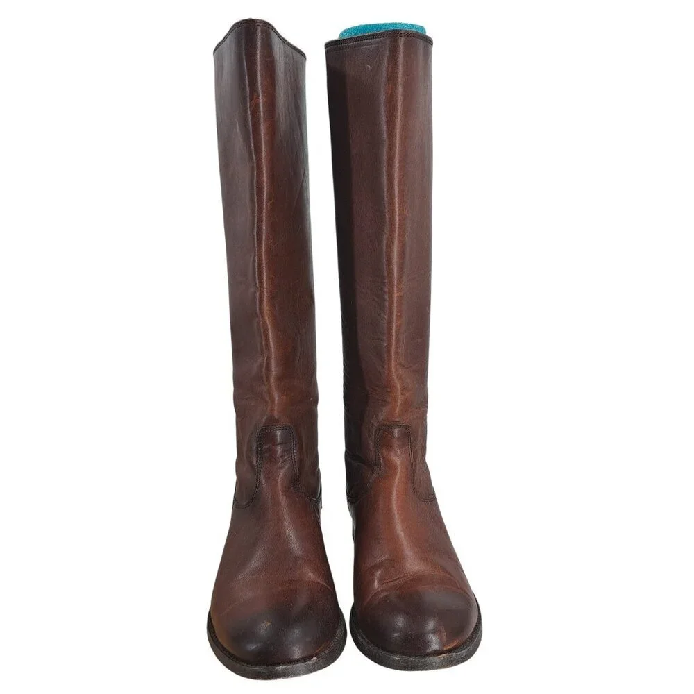 Frye Melissa Knee High Leather Brown Riding Boots Size 6.5 Distressed Snap Zip